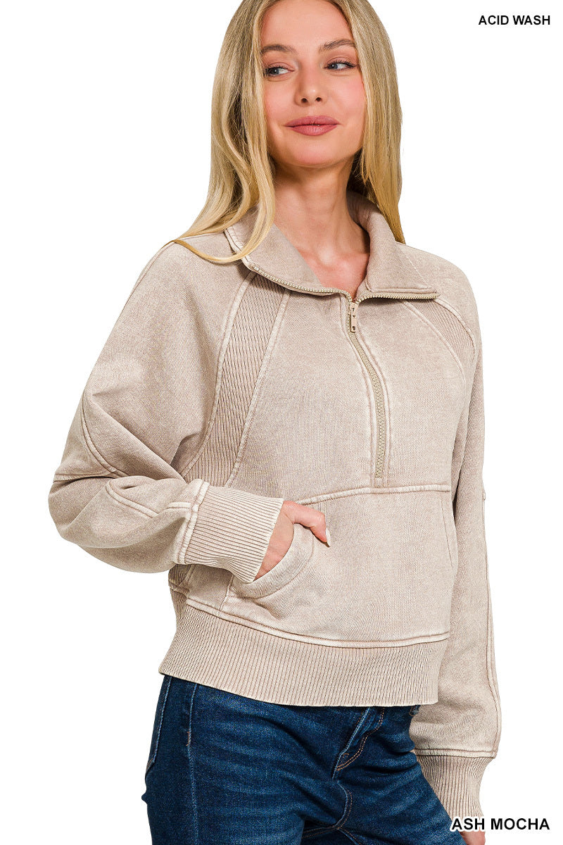 Ash Mocha Acid Washed Half Zip Sweatshirt