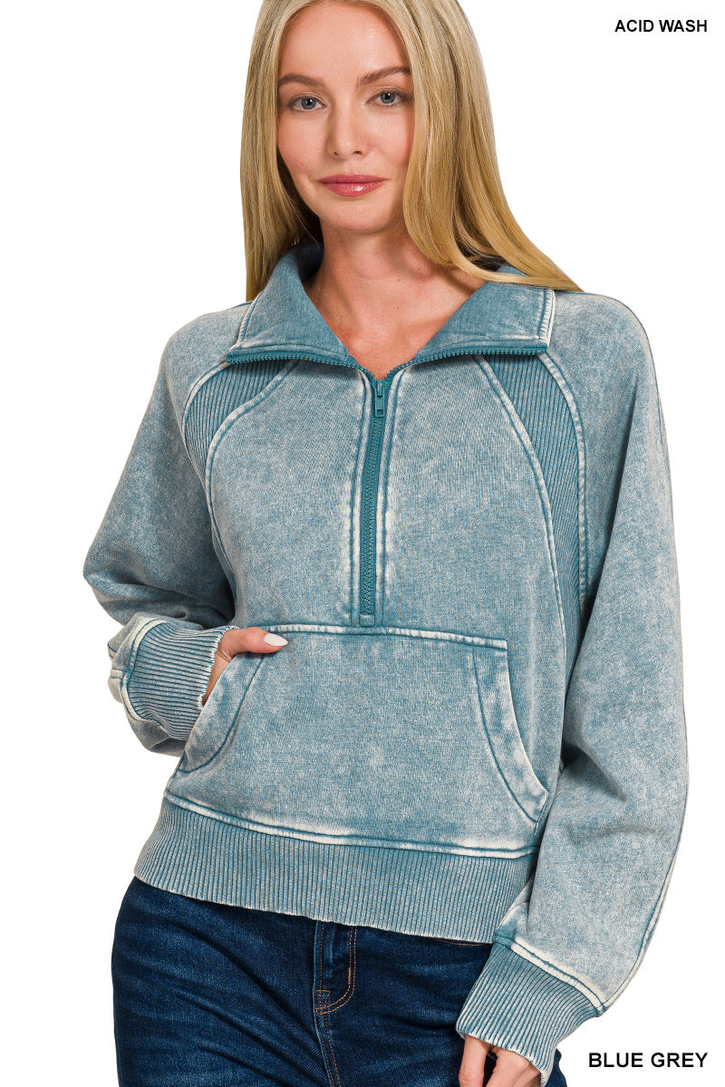 Blue Grey Acid Washed Half Zip Sweatshirt