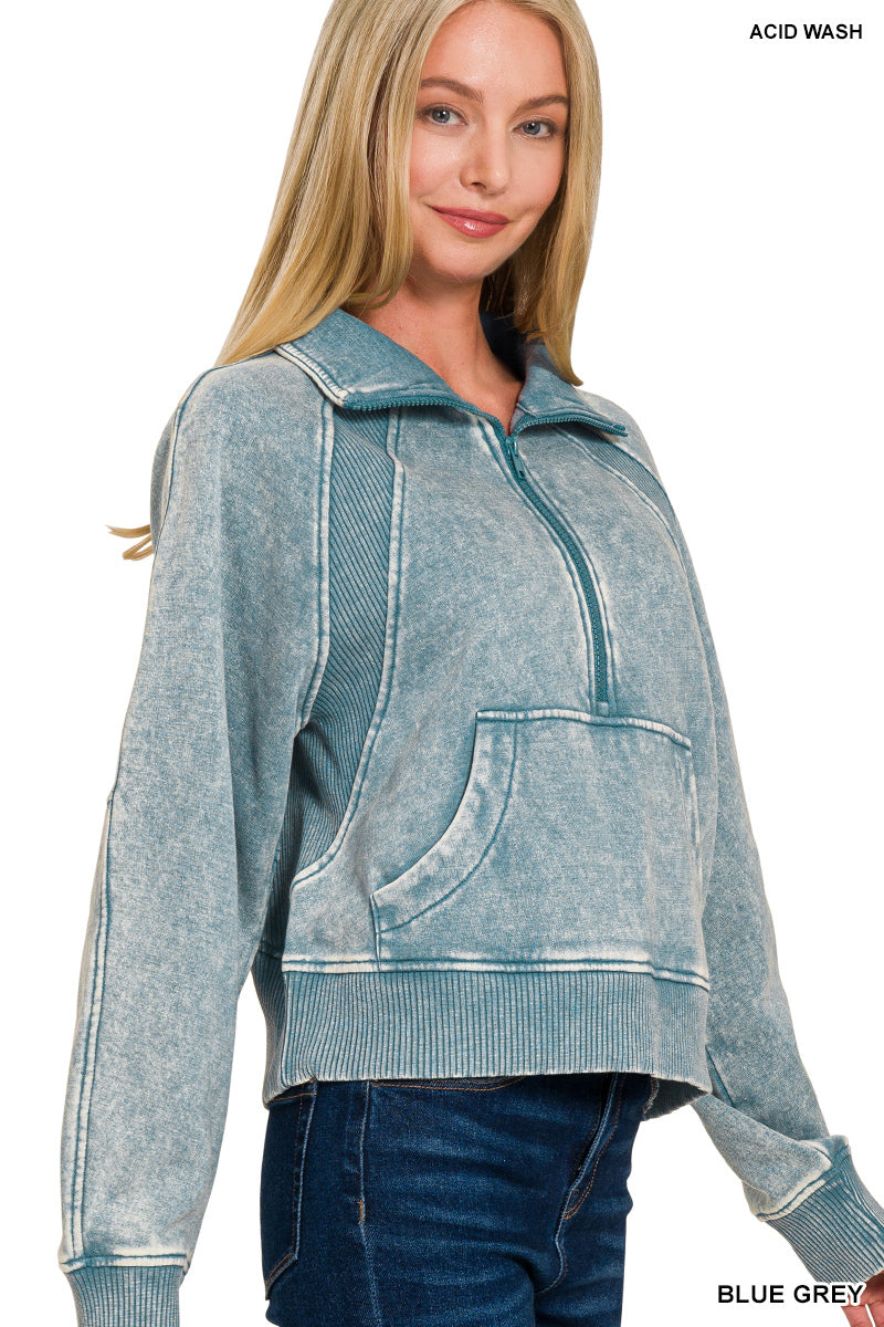 Blue Grey Acid Washed Half Zip Sweatshirt