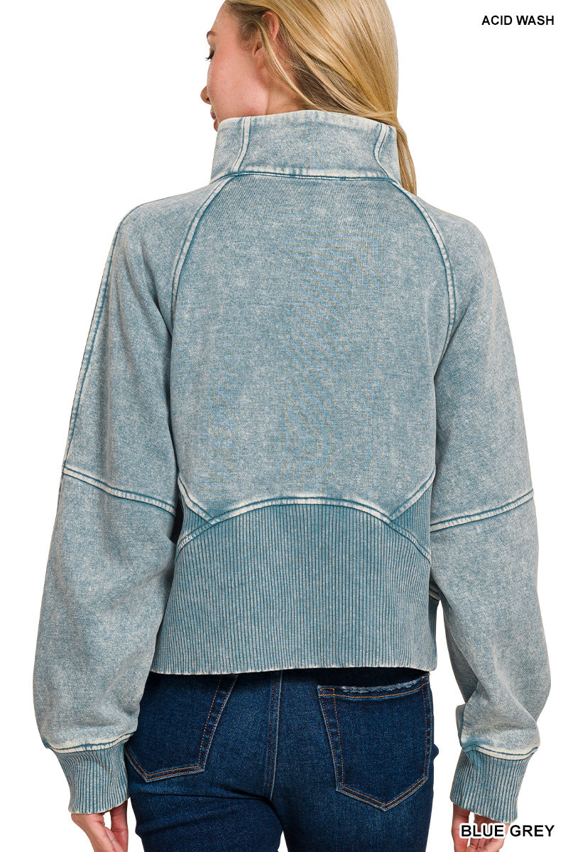 Blue Grey Acid Washed Half Zip Sweatshirt