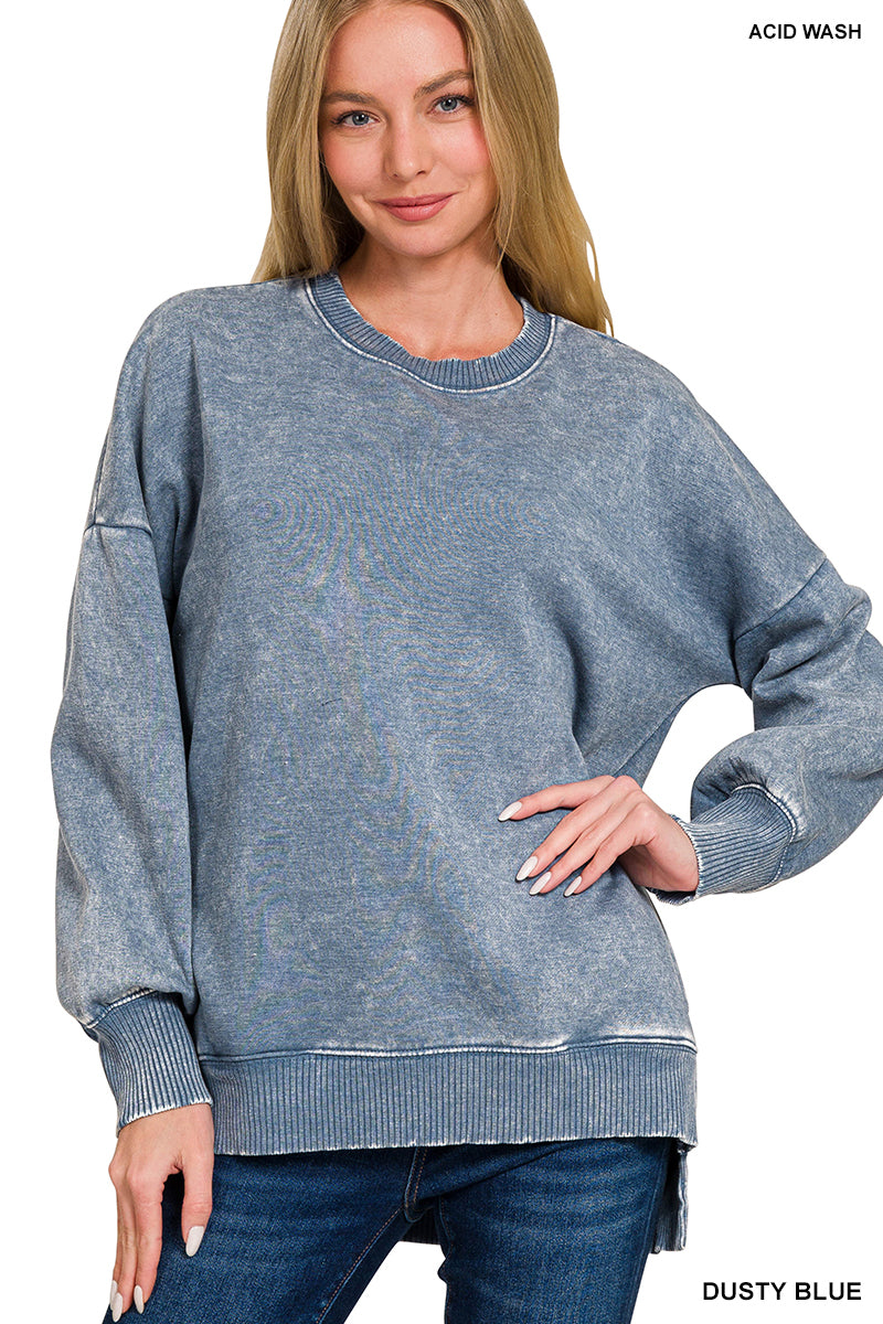 Dusty Blue Acid Wash Fleece Hi Low Hem Pullover Sweatshirt