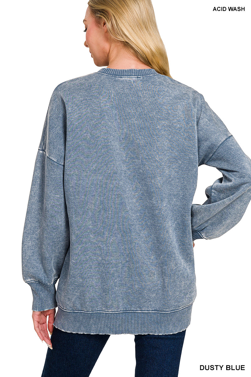 Dusty Blue Acid Wash Fleece Hi Low Hem Pullover Sweatshirt