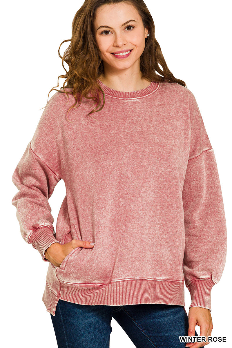 Winter Rose Acid Wash Fleece Hi-Low Hem Pullover