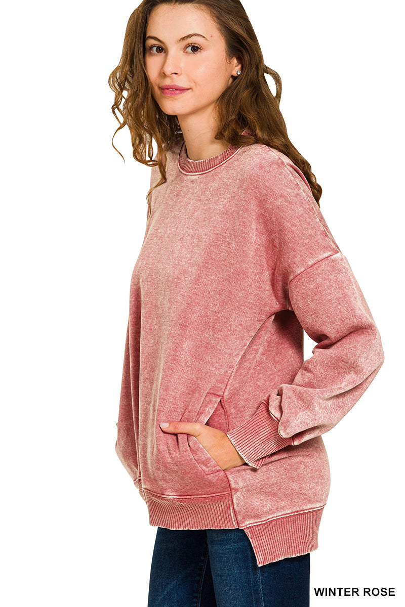 Winter Rose Acid Wash Fleece Hi-Low Hem Pullover