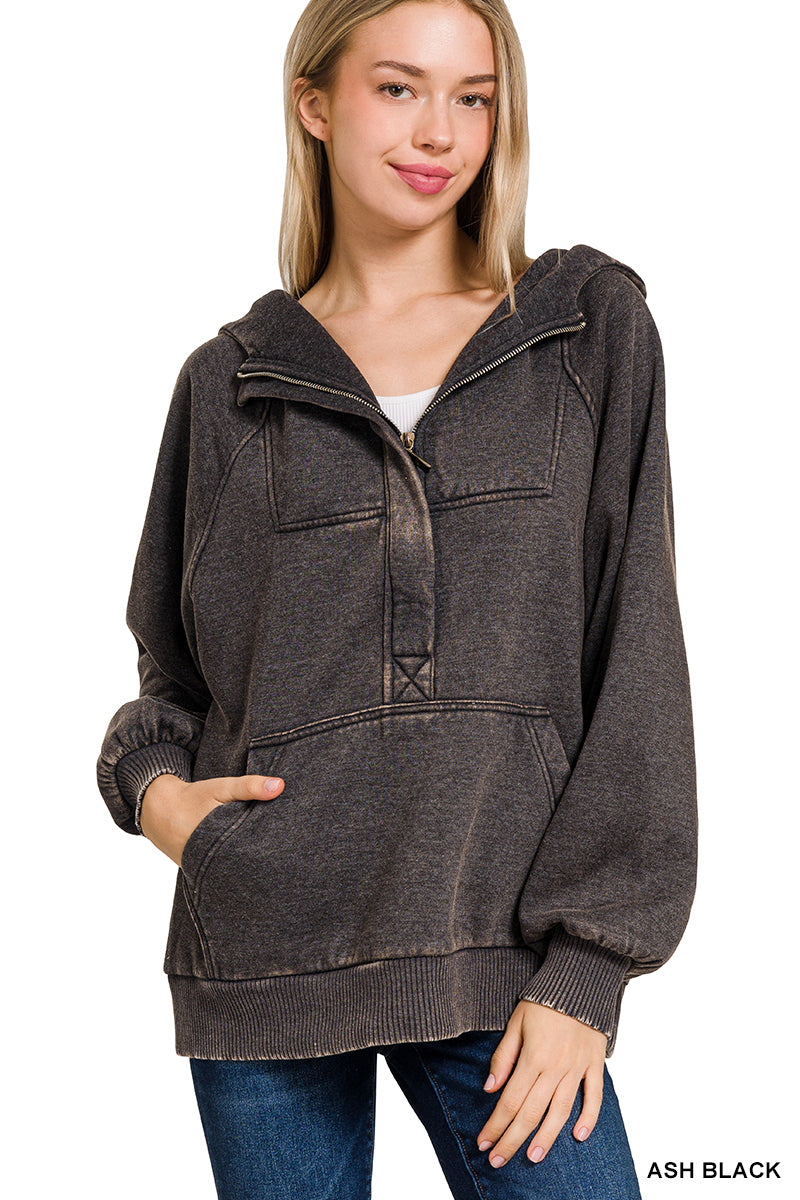 Black Fleece Oversized 1/4 Zip Kangaroo Pocket Hoodie