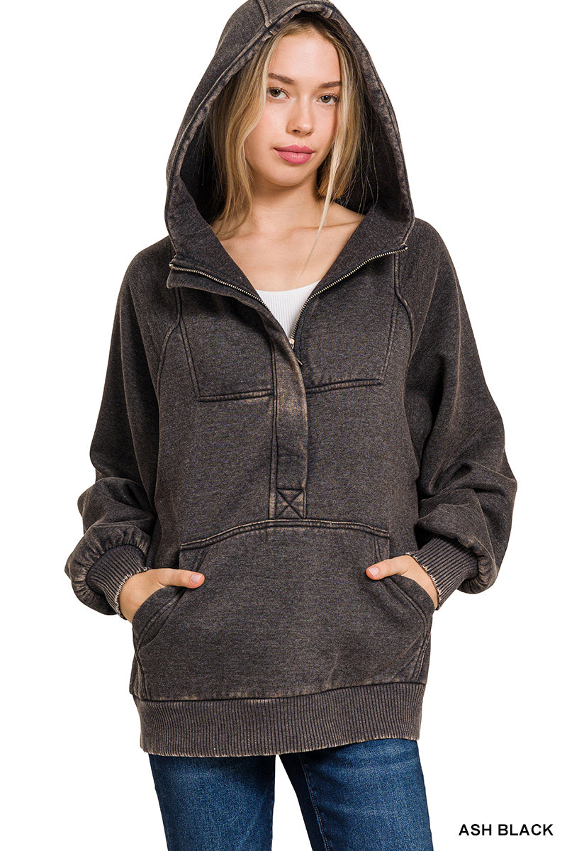 Black Fleece Oversized 1/4 Zip Kangaroo Pocket Hoodie