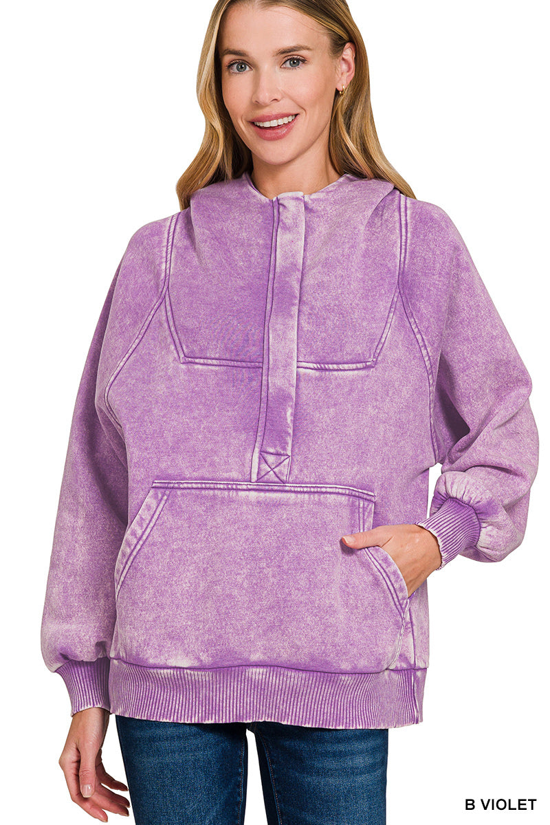 Violet Fleece Oversized 1/4 Zip Kangaroo Pocket Hoodie