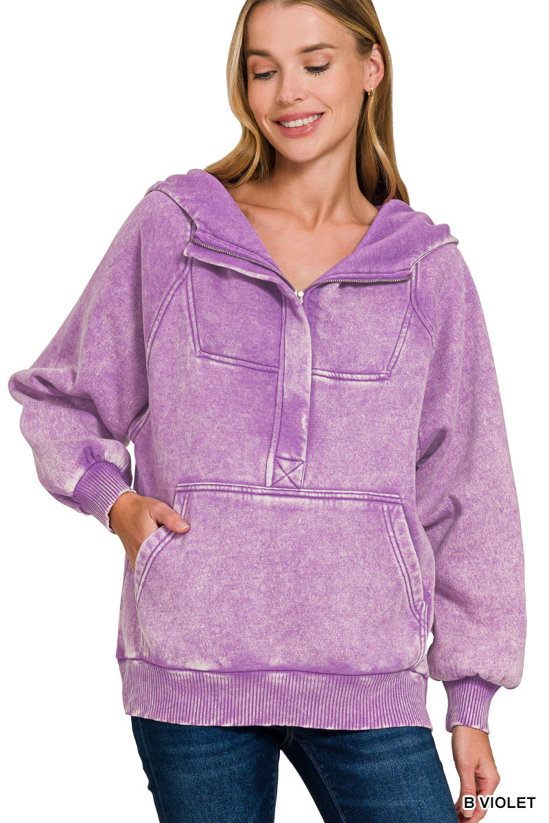 Violet Fleece Oversized 1/4 Zip Kangaroo Pocket Hoodie