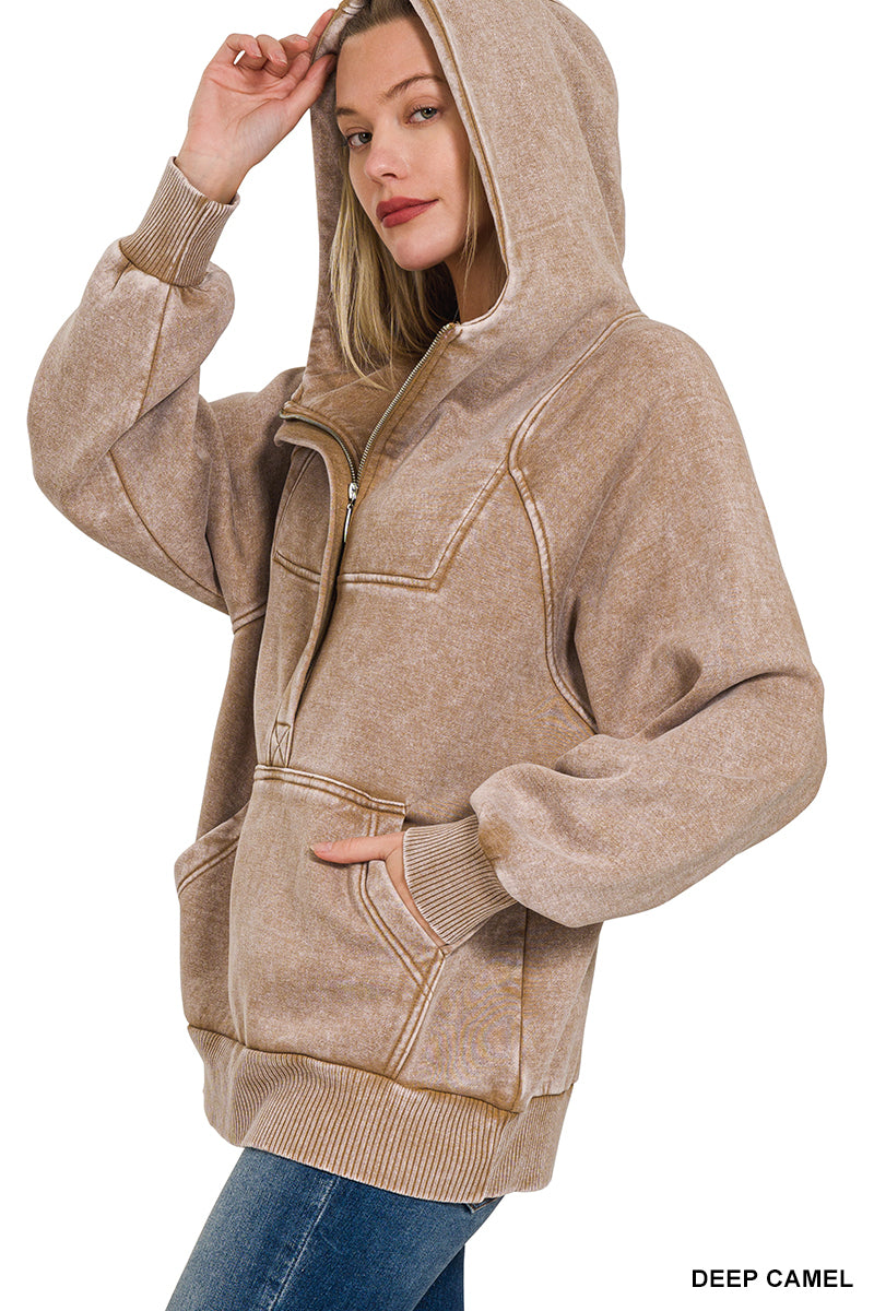 Deep Camel Fleece Oversized 1/4 Zip Kangaroo Pocket Hoodie