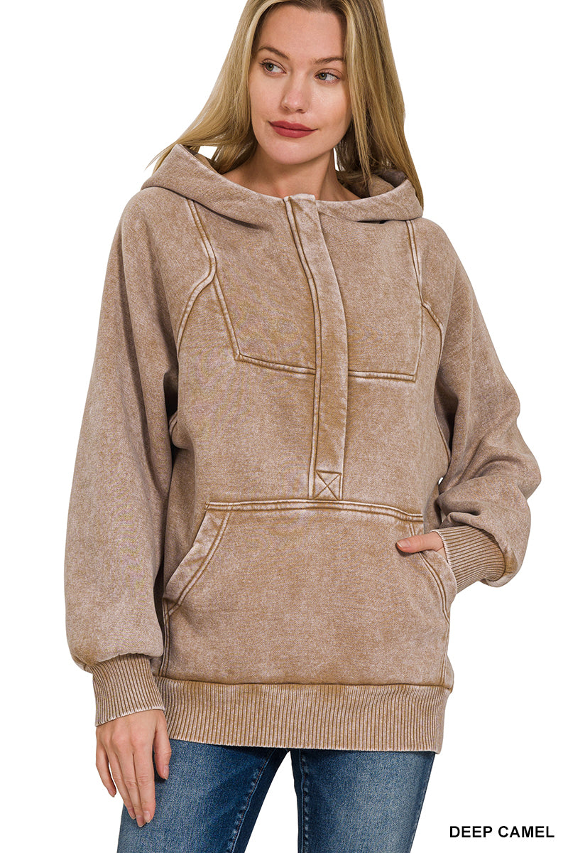 Deep Camel Fleece Oversized 1/4 Zip Kangaroo Pocket Hoodie