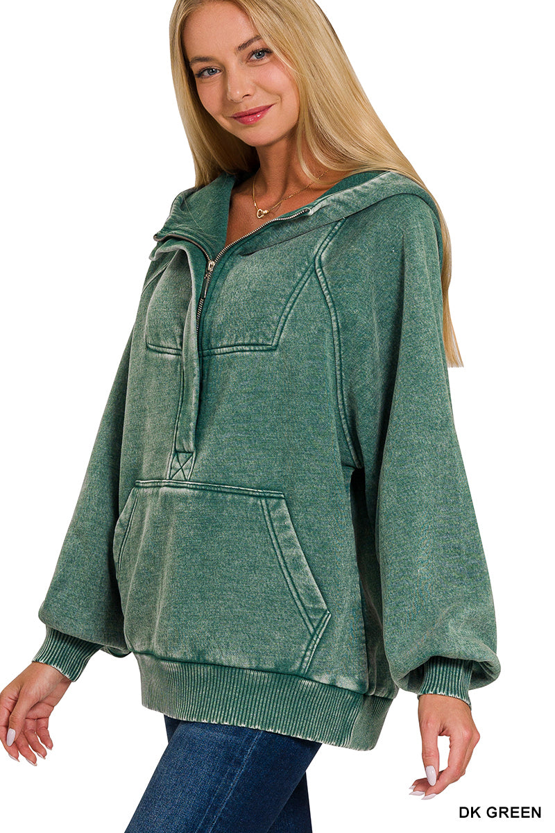 Dark Green Fleece Oversized 1/4 Zip Kangaroo Pocket Hoodie