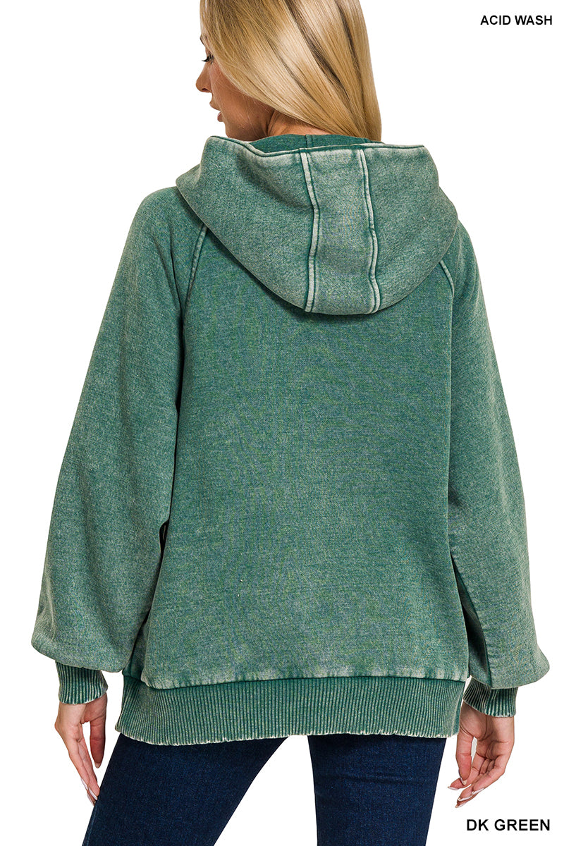Dark Green Fleece Oversized 1/4 Zip Kangaroo Pocket Hoodie