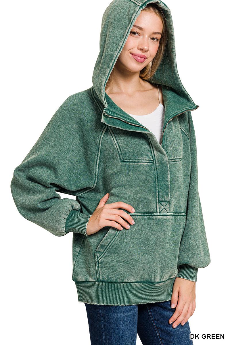 Dark Green Fleece Oversized 1/4 Zip Kangaroo Pocket Hoodie