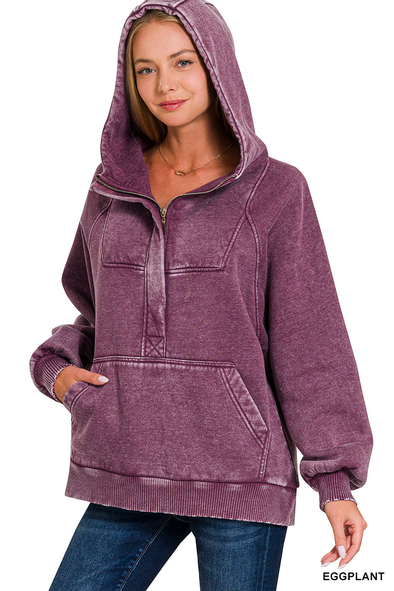 Eggplant Fleece Oversized 1/4 Zip Kangaroo Pocket Hoodie