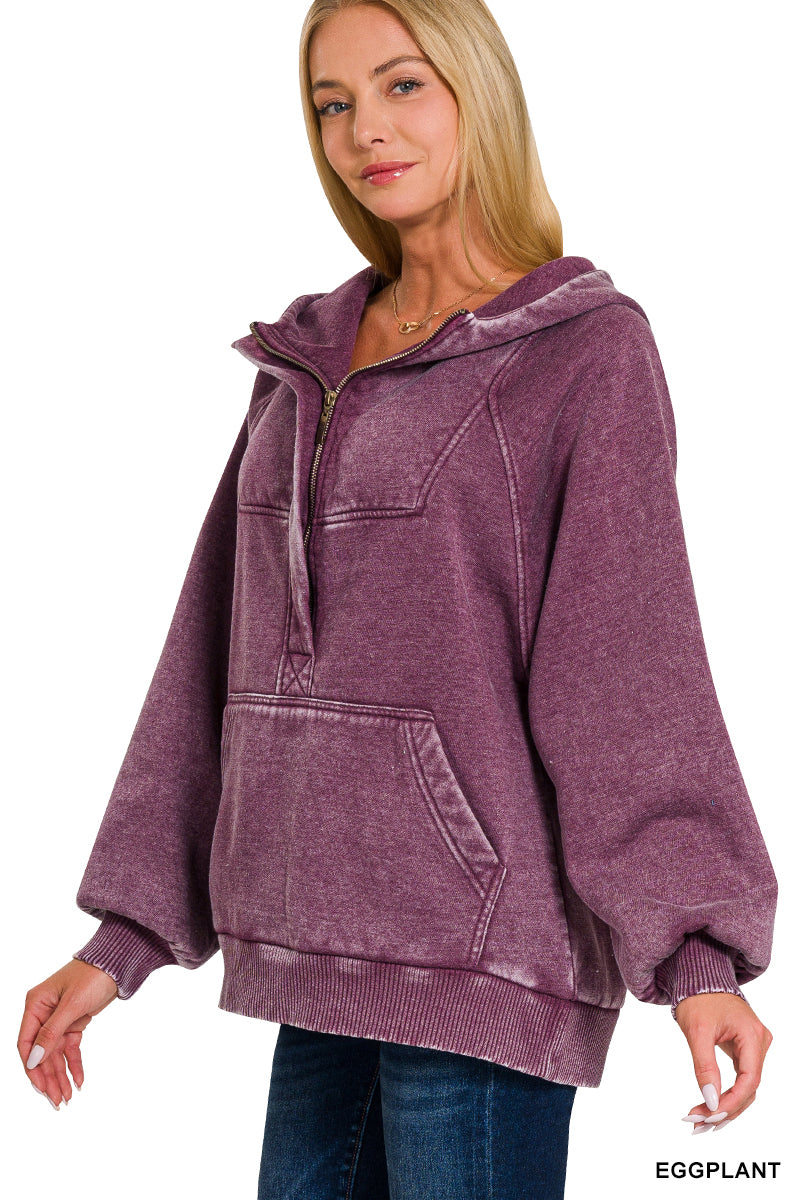 Eggplant Fleece Oversized 1/4 Zip Kangaroo Pocket Hoodie