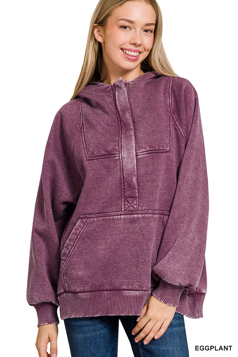 Eggplant Fleece Oversized 1/4 Zip Kangaroo Pocket Hoodie