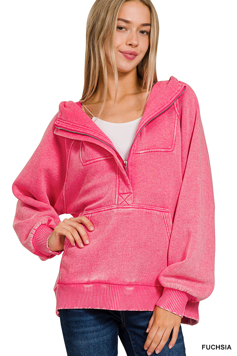 Fuchsia Fleece Oversized 1/4 Zip Kangaroo Pocket Hoodie