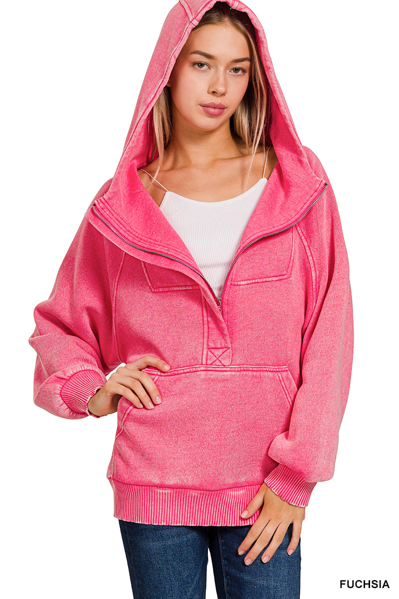Fuchsia Fleece Oversized 1/4 Zip Kangaroo Pocket Hoodie