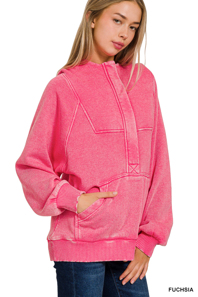 Fuchsia Fleece Oversized 1/4 Zip Kangaroo Pocket Hoodie