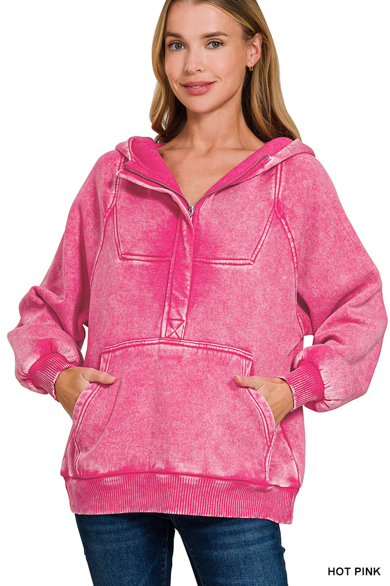 Hot Pink Fleece Oversized 1/4 Zip Kangaroo Pocket Hoodie