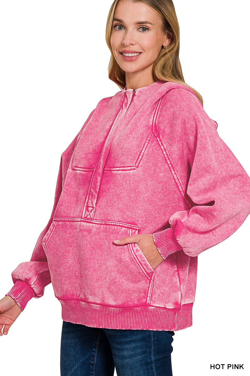 Hot Pink Fleece Oversized 1/4 Zip Kangaroo Pocket Hoodie