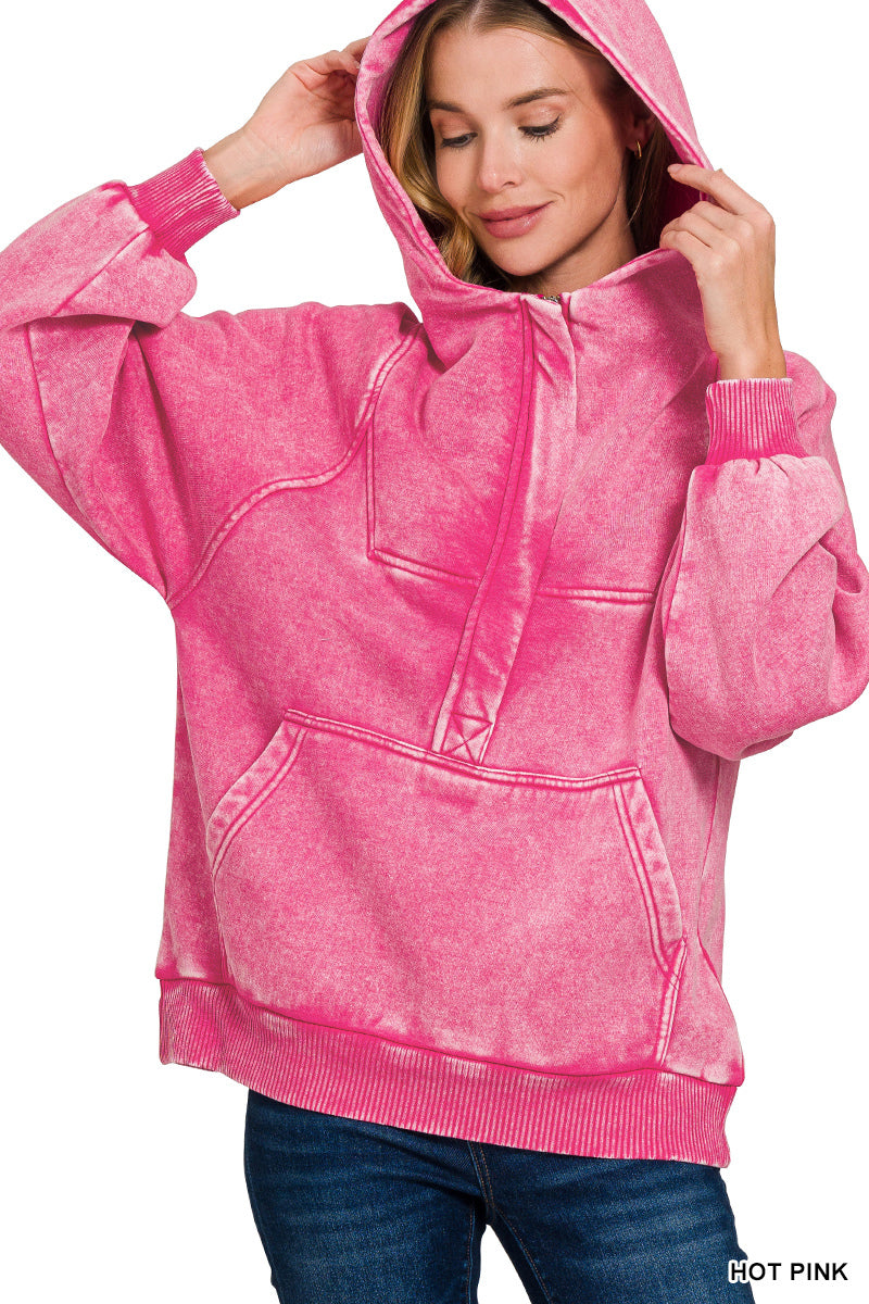 Hot Pink Fleece Oversized 1/4 Zip Kangaroo Pocket Hoodie