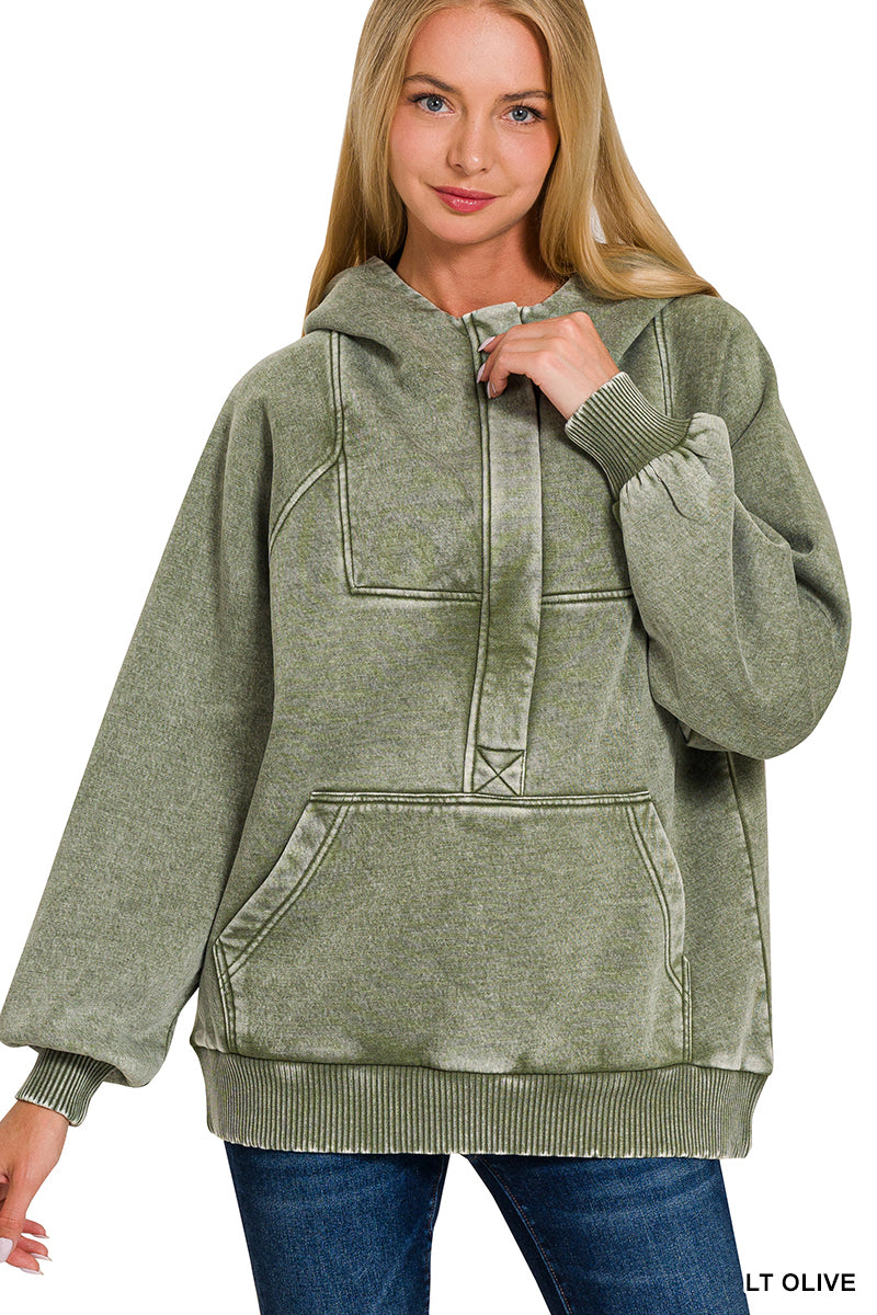 Olive Acid Wash Fleece Oversized 1/4 Zip Kangaroo Pocket Hoodie