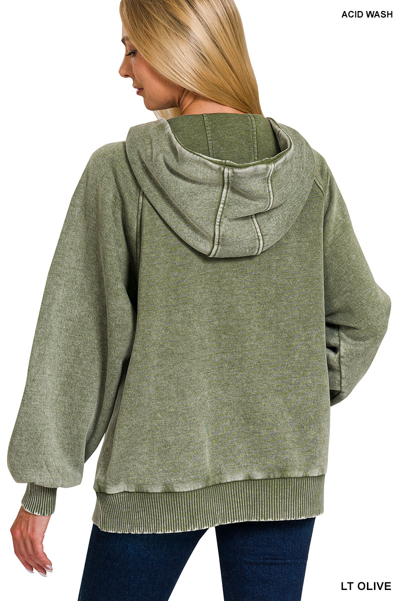 Olive Acid Wash Fleece Oversized 1/4 Zip Kangaroo Pocket Hoodie