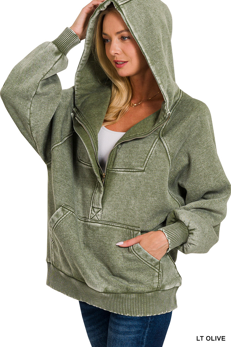 Olive Acid Wash Fleece Oversized 1/4 Zip Kangaroo Pocket Hoodie