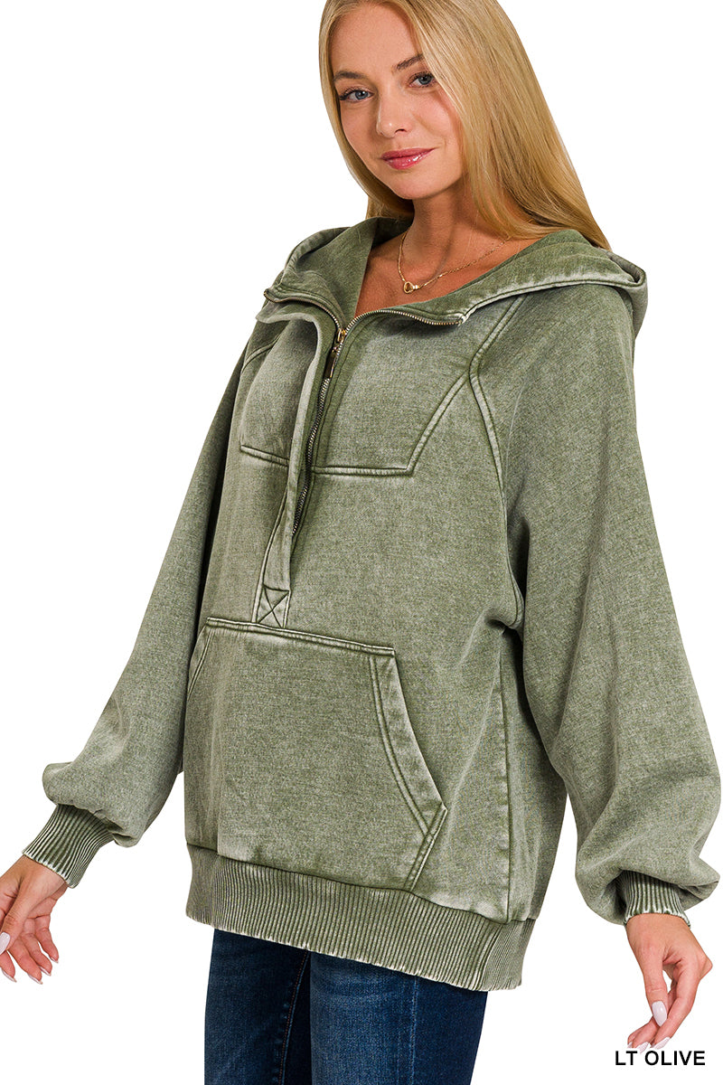 Olive Acid Wash Fleece Oversized 1/4 Zip Kangaroo Pocket Hoodie