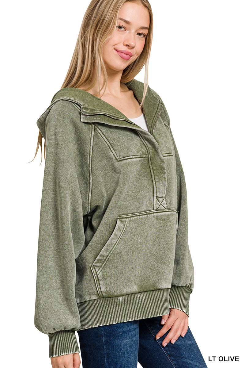 Olive Acid Wash Fleece Oversized 1/4 Zip Kangaroo Pocket Hoodie