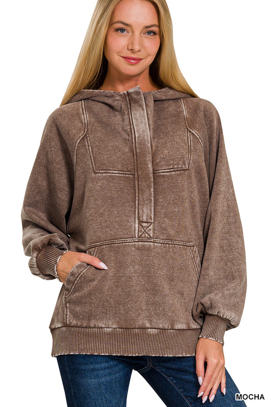 Mocha Fleece Oversized 1/4 Zip Kangaroo Pocket Hoodie