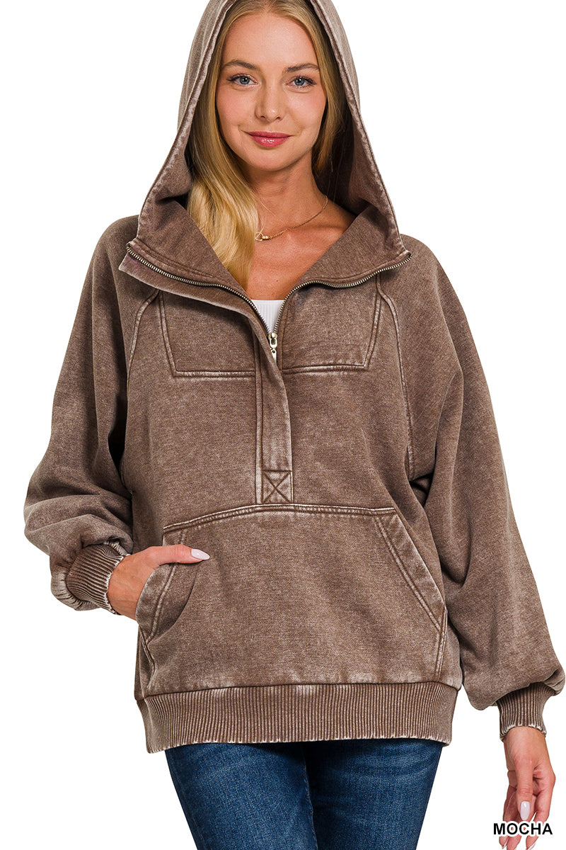 Mocha Fleece Oversized 1/4 Zip Kangaroo Pocket Hoodie