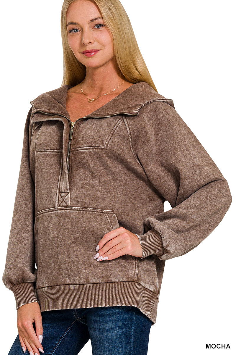 Mocha Fleece Oversized 1/4 Zip Kangaroo Pocket Hoodie