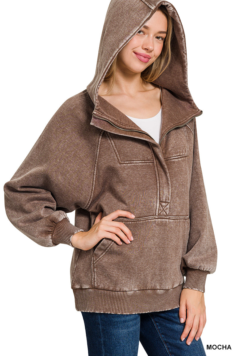 Mocha Fleece Oversized 1/4 Zip Kangaroo Pocket Hoodie