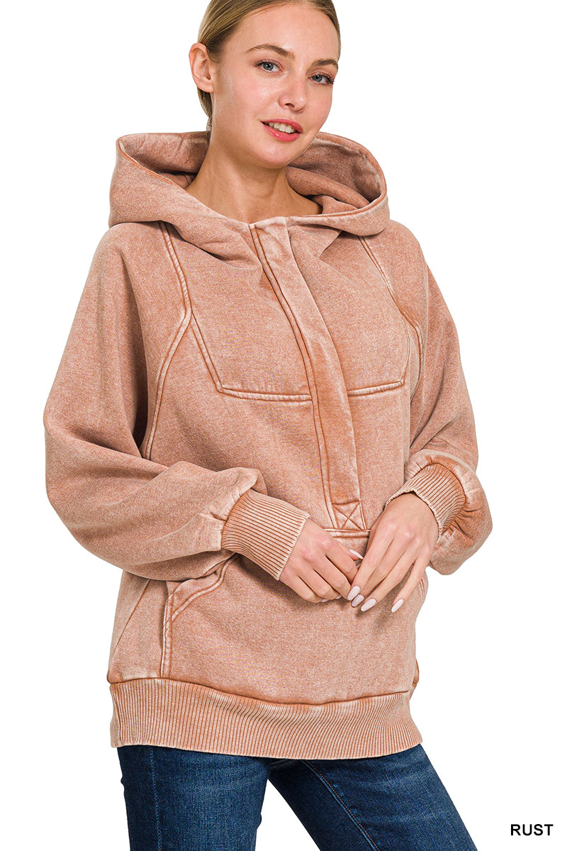 Rust Fleece Oversized 1/4 Zip Kangaroo Pocket Hoodie