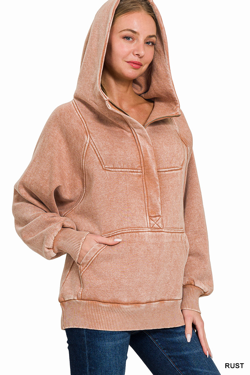 Rust Fleece Oversized 1/4 Zip Kangaroo Pocket Hoodie