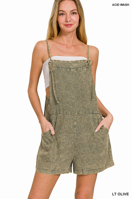 Washed Linen Beige Knot Strap Romper - Light Olive