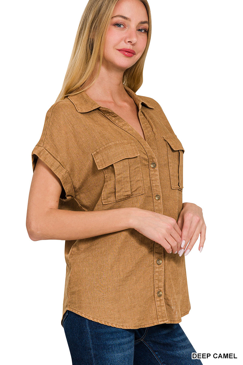 Deep Camel Washed Linen Button Down Shirt