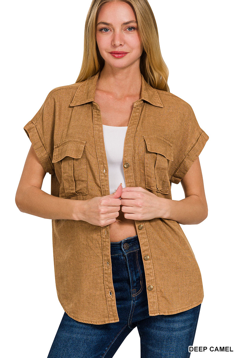 Deep Camel Washed Linen Button Down Shirt