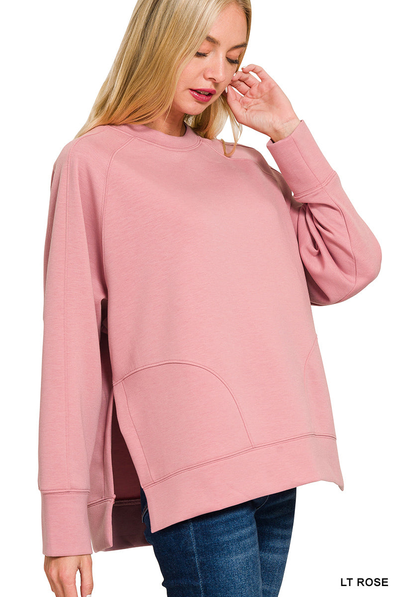 Light Rose Scuba Round Neck Pullover with Side Slits