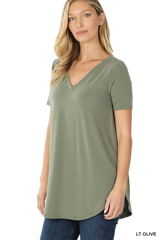 Light Olive Short Sleeve V-Neck Round Hem Top