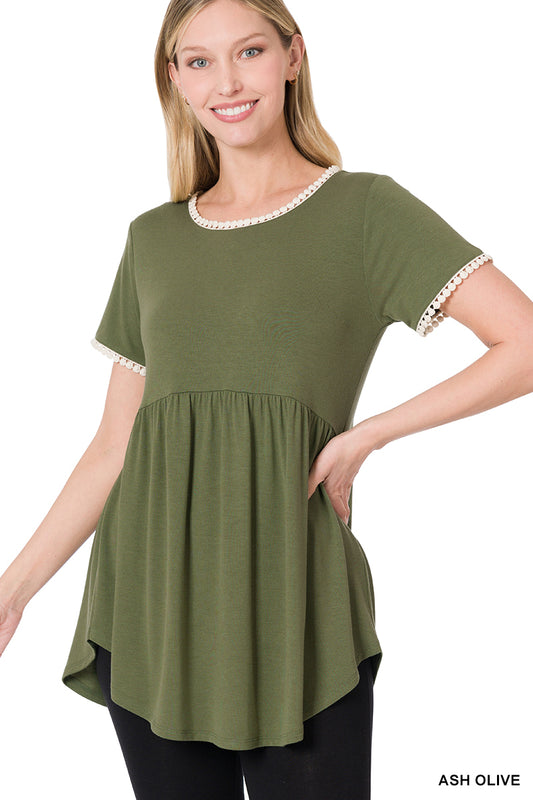Dark Green Short Sleeve Empire Waist Shirring Top with Pompom Trim
