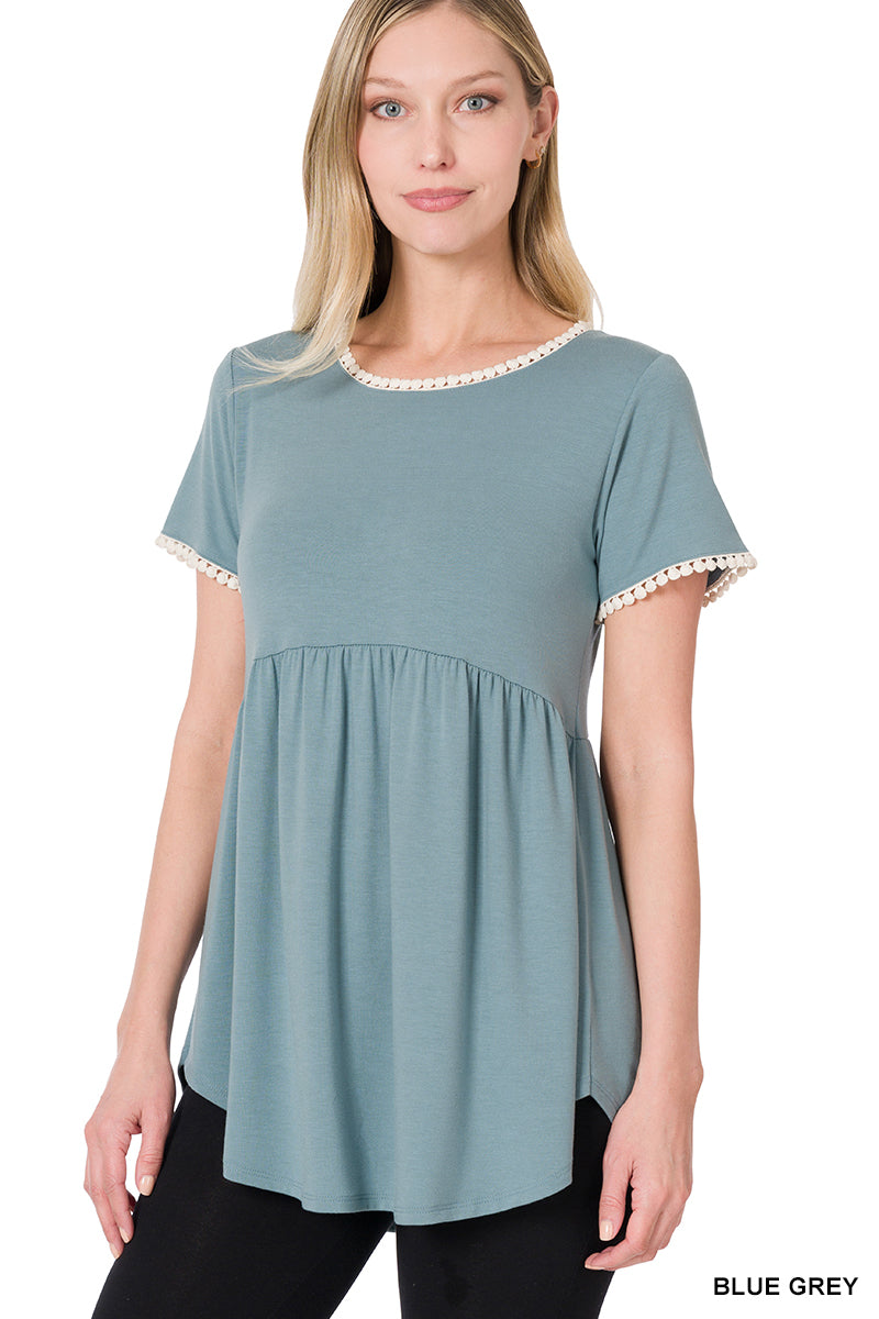 Sale - Blue Grey Short Sleeve Empire Waist Shirring Top with Pompom Trim