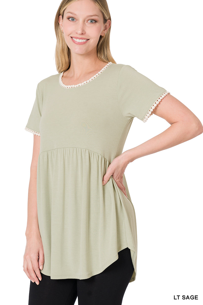 Light Sage Short Sleeve Empire Waist Shirring Top with Pompom Trim