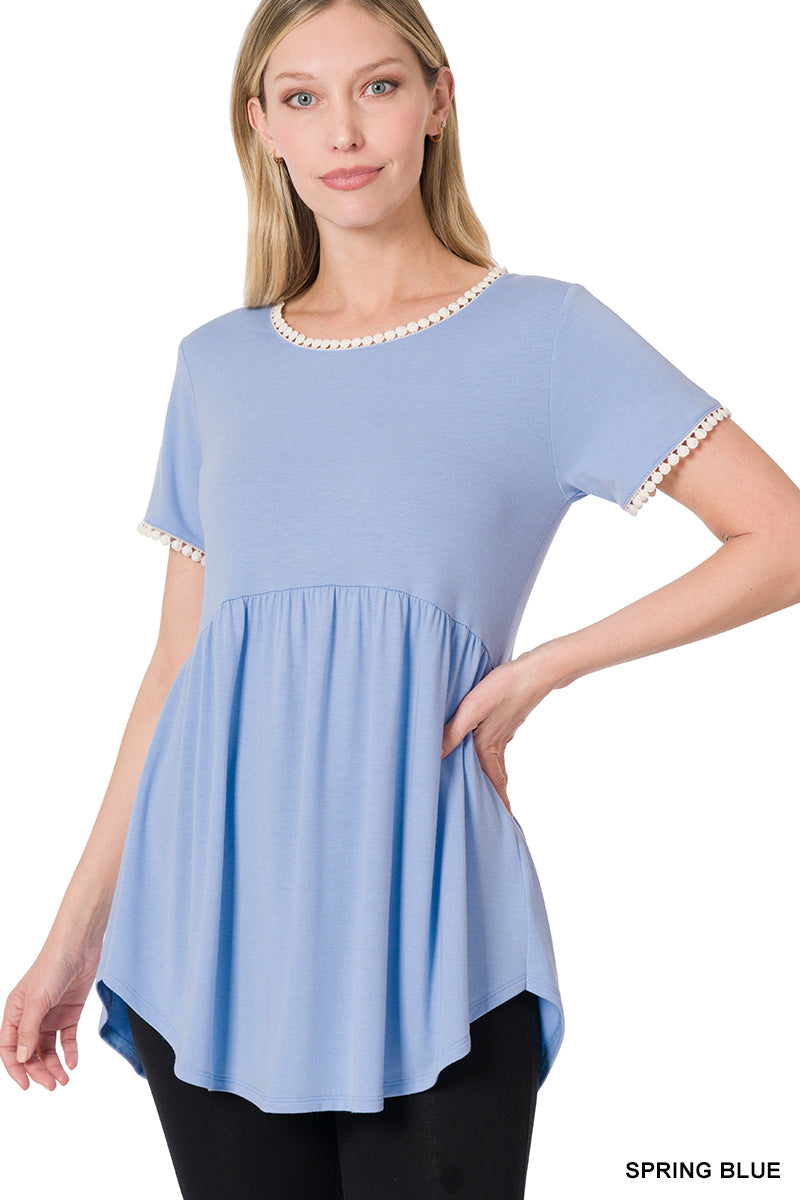 Spring Blue Short Sleeve Empire Waist Shirring Top with Pompom Trim