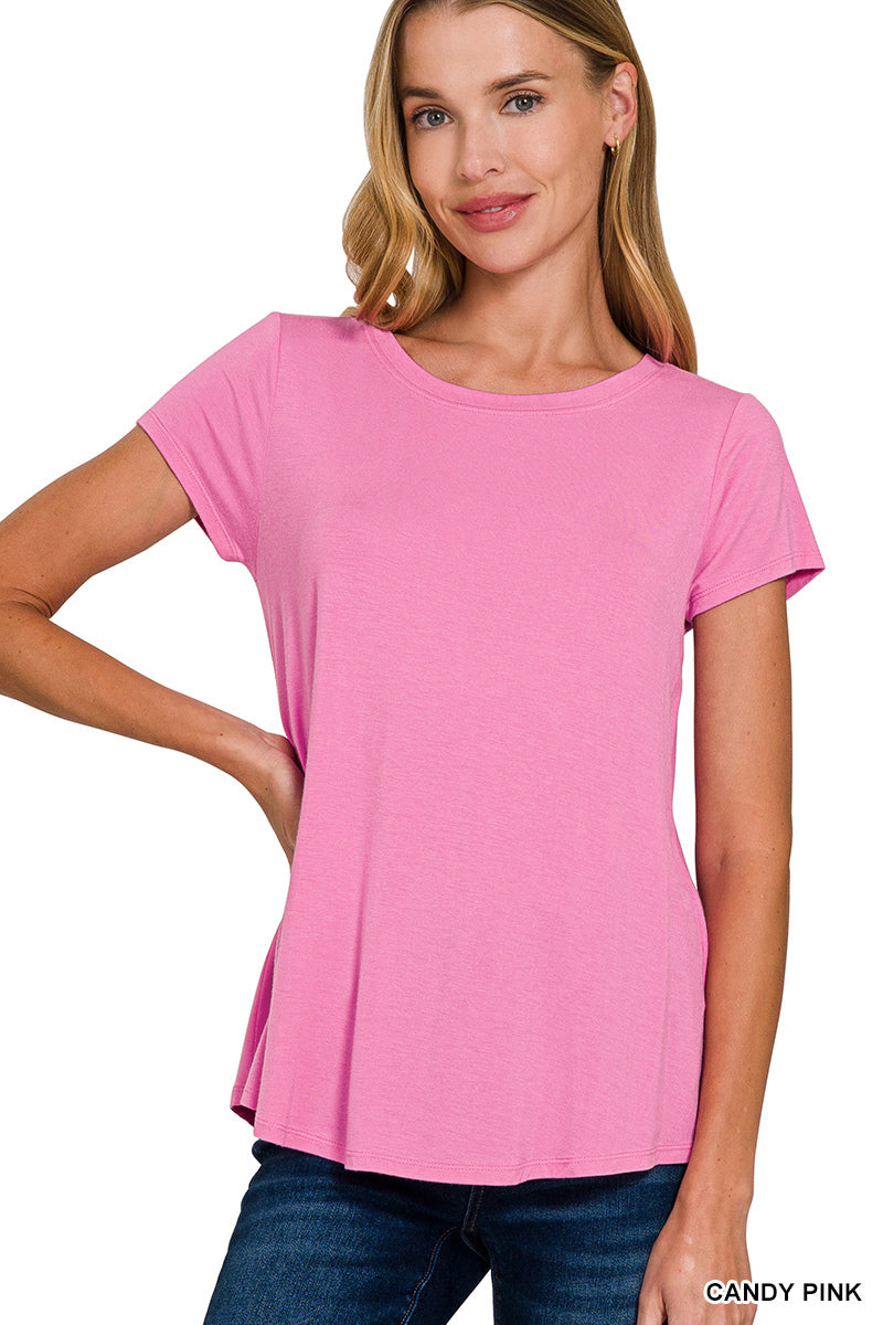 Candy Pink Round Hem Short Sleeve Top