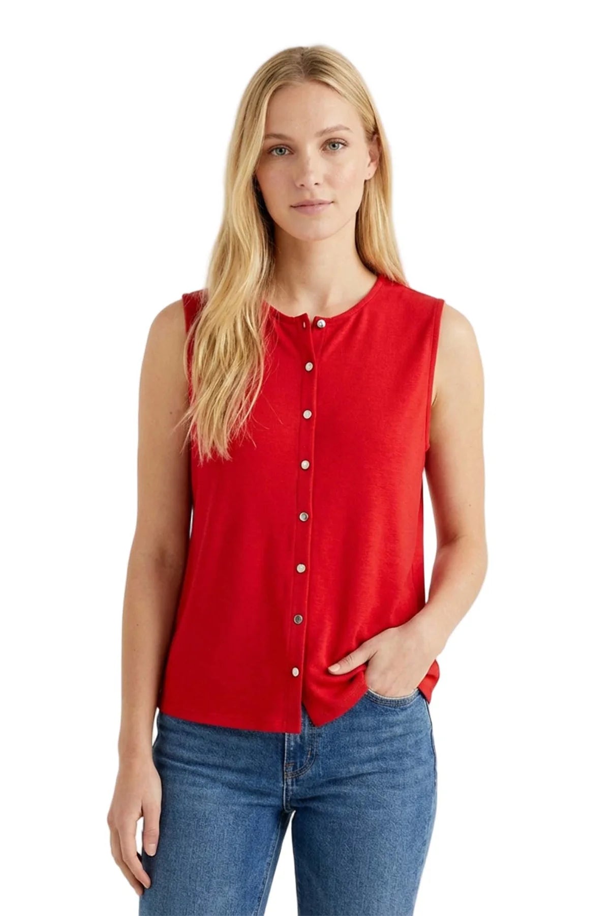 Red Women's Sleeveless Button Front Ribbed Tank Top