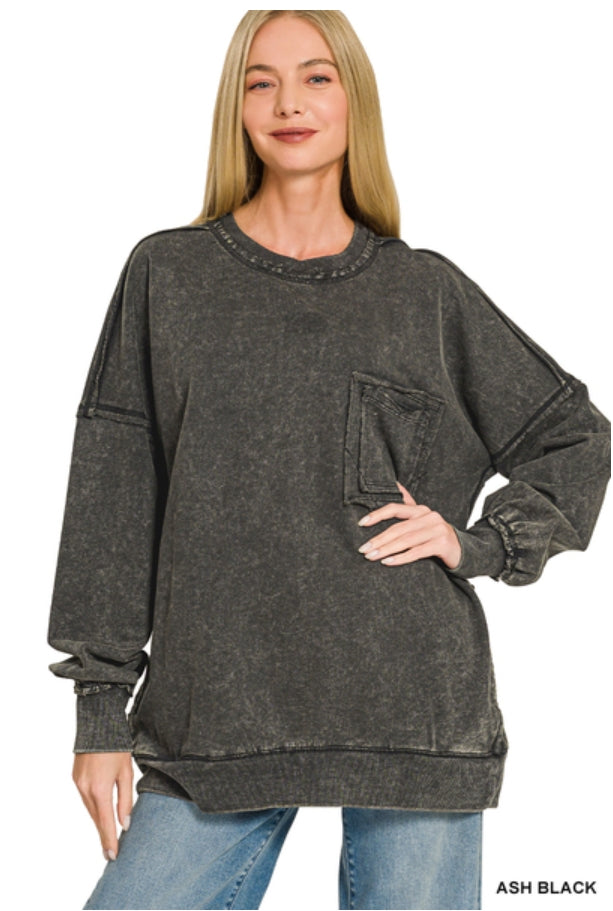 Ash Black Acid Wash Raw Edge Front Pocket Pullover