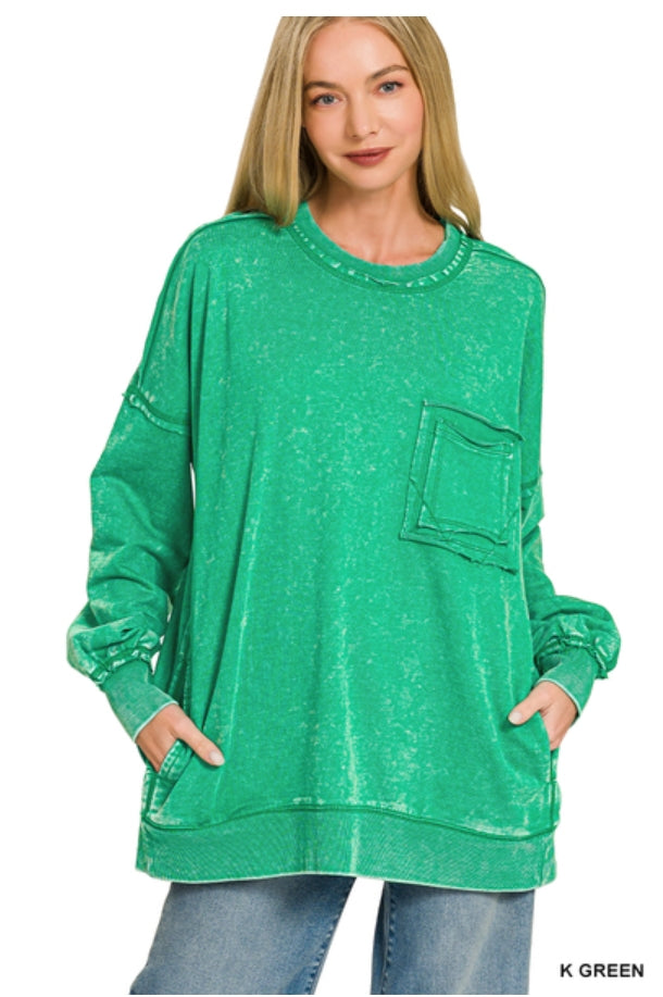 Kelly Green Terry Acid Wash Raw Edge Front Pocket Pullover